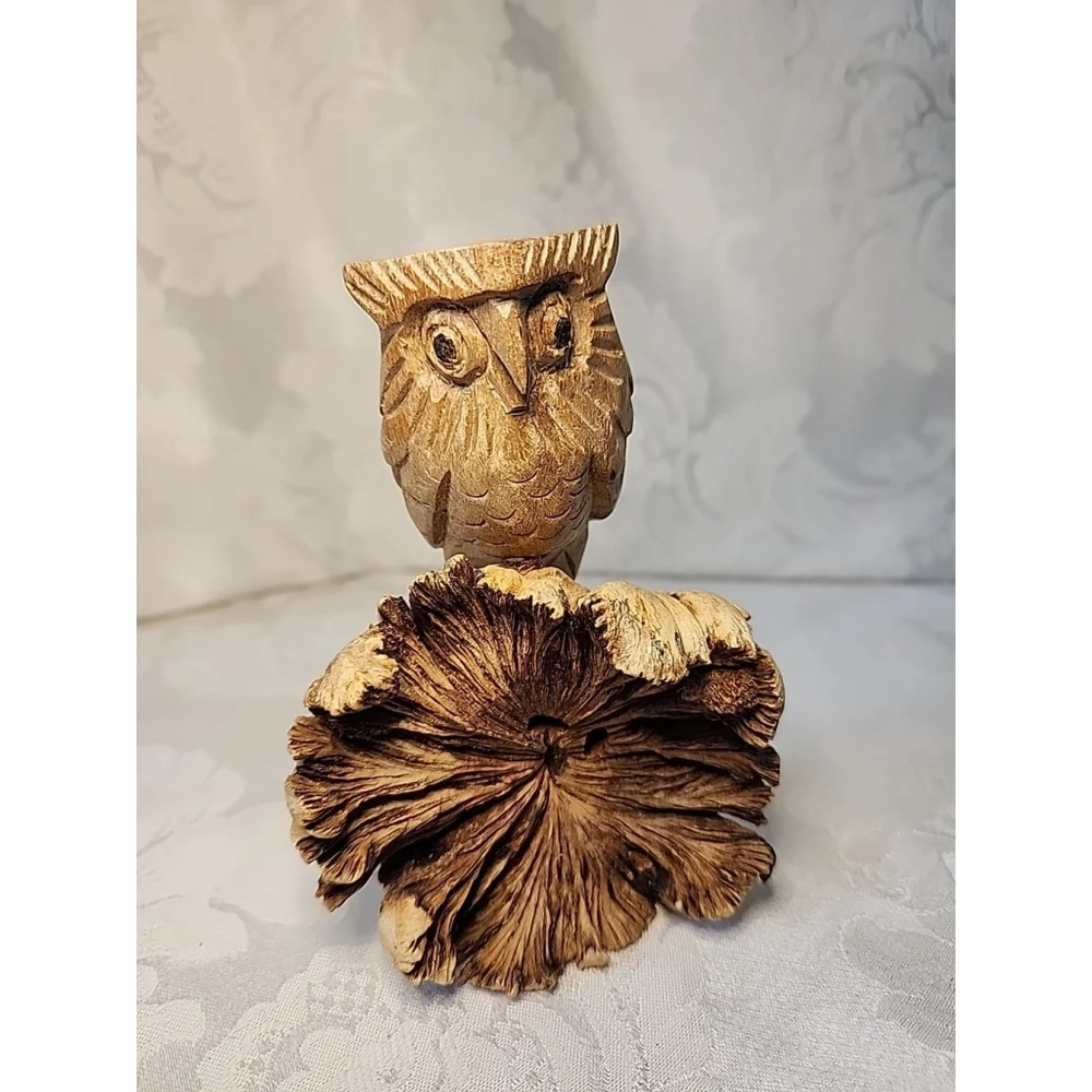 Handcrafted Owl Figurine Carved On Parasite Burl Wood,Excellent Cond.